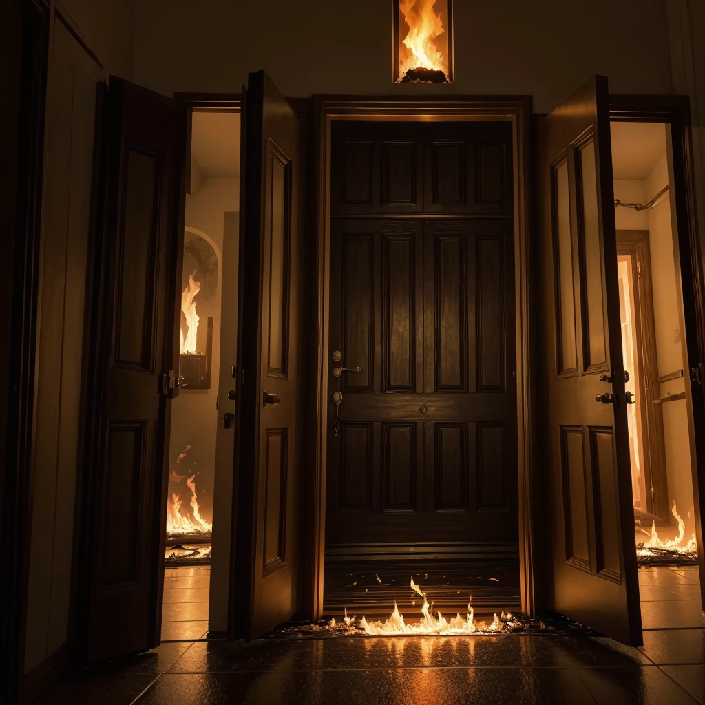 Image of two doors, the door on the right appears behind her hell a place full of fire and torment and terror, while the door on the left appears heaven, a place full of light, divine glory, a very beautiful place full of peace