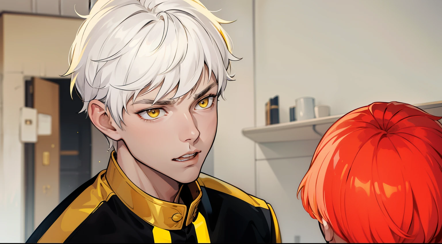 He has a golden collar and shoulder pads on his gold shirt, cute 17 year old boy, yellow eyes, white hair, black clothes with yellow, he is talking, he is cold, serious, calm.