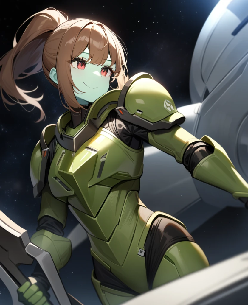1girl,solo,red eyes,((brown hair:1.5)),green power armor,ponytail,((pale green skin)),green chest armor,cowboy shot,in space ship,zero gravity,Science fiction,ultra-detailed,sharp focus,aesthetic,(best quality) smiling, holding halberd, tall woman