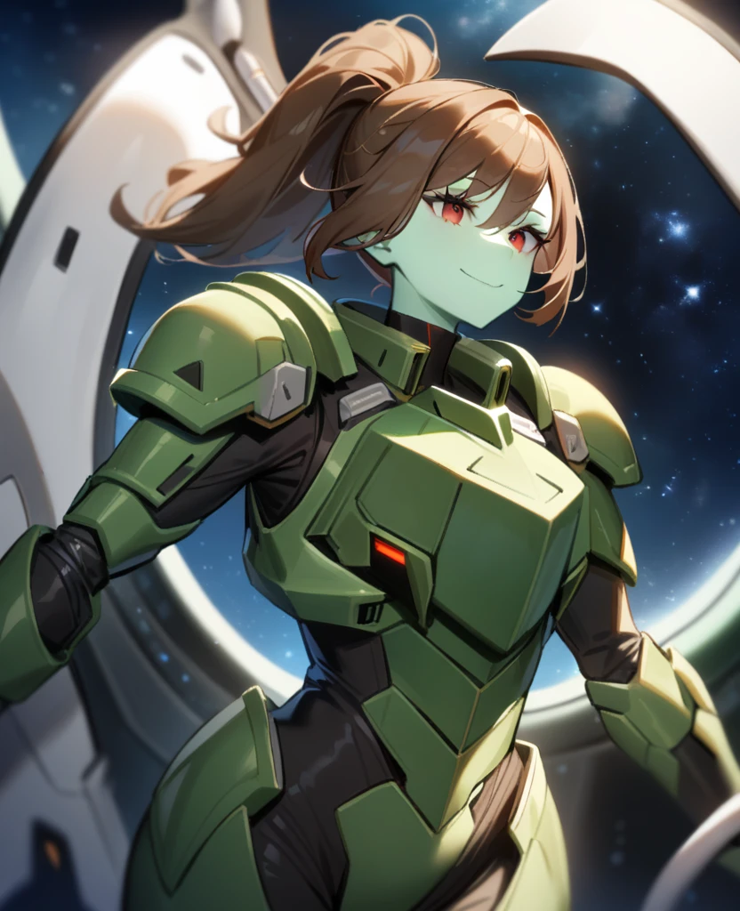 1girl,solo,red eyes,((brown hair:1.5)),green power armor,ponytail,((pale green skin)),green chest armor,cowboy shot,in space ship,zero gravity,Science fiction,ultra-detailed,sharp focus,aesthetic,(best quality) smiling, holding halberd, tall woman