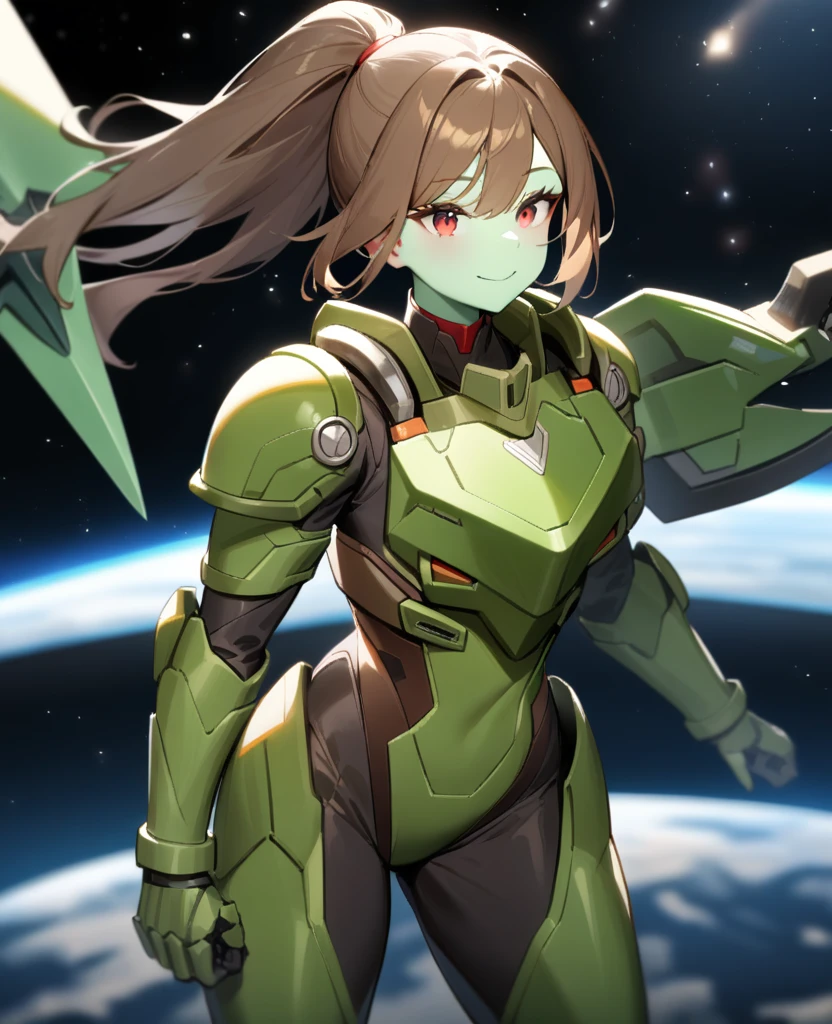 1girl,solo,red eyes,((brown hair:1.5)),green power armor,ponytail,((pale green skin)),green chest armor,cowboy shot,in space ship,zero gravity,Science fiction,ultra-detailed,sharp focus,aesthetic,(best quality) smiling, holding halberd, tall woman