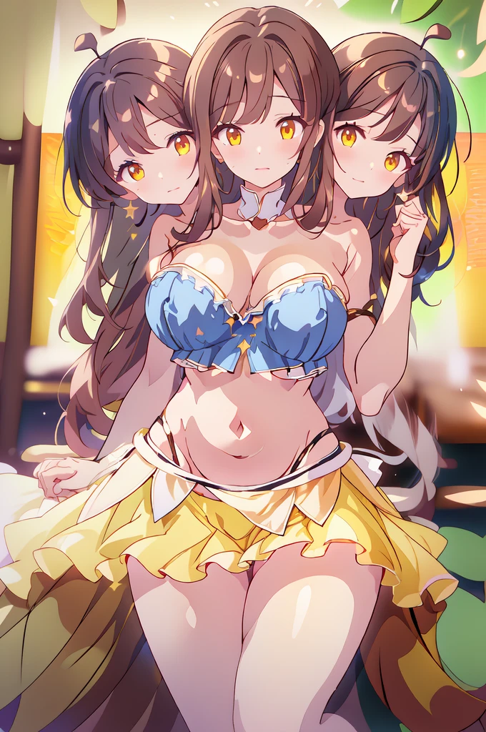 (masterpiece, best quality), best quality, (ultra-detailed), (3heads:1.5), 1girl, (star sapphire:1.3), masterpiece, best quality, ultra quality, ultra resolution, ultra detail, white top, crop top, ((stomach)), midriff, ((groin)), open midriff, white and blue skirt, miniskirt, normal ears, shackles, dark brown hair, very long hair, wavy hair, sidelocks, yellow eyes, detailed eyes, parted lips, fairy wings, sweat, cute, open belly, toned belly, hand on own chest, eyelashes, (24 year old woman:1.3), (masterpiece:1.5), (best quality:1.5), (beautiful detailed), extremely detailed CG, extremely delicate and beautiful, depth of field, (finely detailed face), (perfect details:1.2), (mature female:1.3), wide pelvis, slender, large veiny breast, 16k resolution, highres, high quality, high definition, extremely detailed, masterpiece, dark brown hair, long hair, alluring presence, braid, short skirt, miniskirt, close up, very big tits, huge tits, young, blue ribbon attached to the hair, butterfly-shaped wings, open belly, midriff, nsfw, bare stomach, girl with three heads, three headed girl,