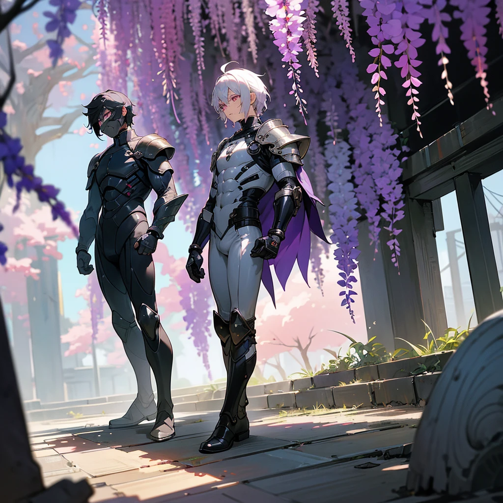1male, young adult, dark skin, finely detailed plum eyes, wild medium hair, seashell white hair color, full body combat suit, shoulder armor pieces, combat boots, baggy miltarty combat pants, standing on ruined building, day time, tokyo streets, somber expression, muscular, tattoos, wisteria flowers, scars, gasmask