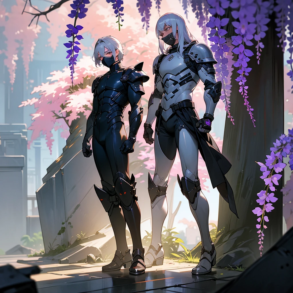 1male, young adult, dark skin, finely detailed plum eyes, wild medium hair, seashell white hair color, full body combat suit, shoulder armor pieces, combat boots, baggy miltarty combat pants, standing on ruined building, day time, tokyo streets, somber expression, muscular, tattoos, wisteria flowers, scars, gasmask