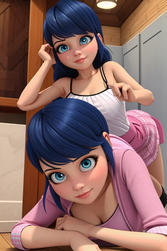 (8k, RAW photo, best quality, masterpiece:1.2), (intricate details), perfect eyes, perfect face, perfect lighting, beautiful, (masterpiece:1.2), (best quality:1.2), 1girl, solo, Marinette, blue hair, ((long loosen hair)), adult torso, ************, slight smile, huge sized breasts, ( pink dress), cowboy shot, 3DMM, seated, front view