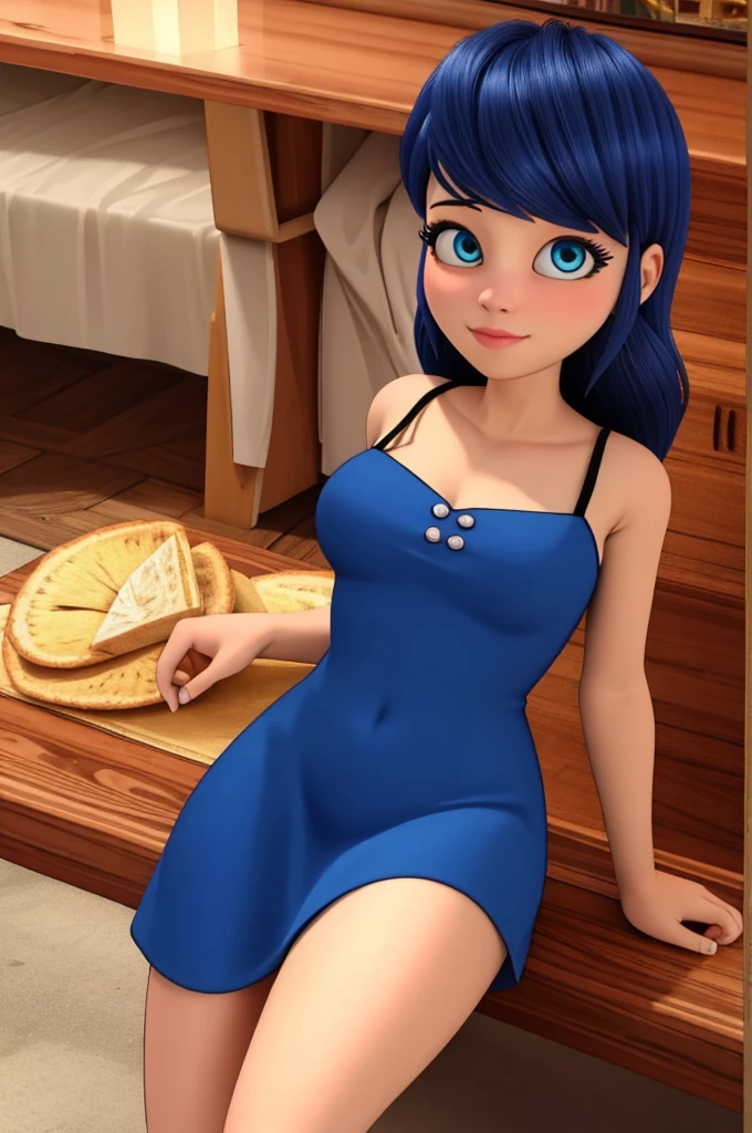 (8k, RAW photo, best quality, masterpiece:1.2), (intricate details), perfect eyes, perfect face, perfect lighting, beautiful, (masterpiece:1.2), (best quality:1.2), 1girl, solo, Marinette, blue hair, ((long loosen hair)), adult torso, ************, slight smile, huge sized breasts, ( pink dress), cowboy shot, 3DMM, seated, front view