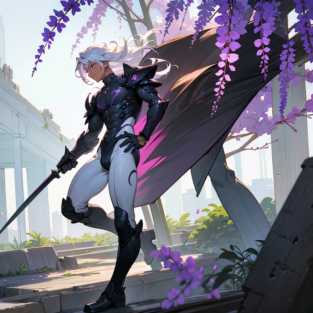 1male, young adult, dark skin, finely detailed plum eyes, wild medium hair, seashell white hair color, full body combat suit, shoulder armor pieces, combat boots, baggy miltarty combat pants, standing on ruined building, day time, tokyo streets, somber expression, muscular, tattoos, wisteria flowers, scars