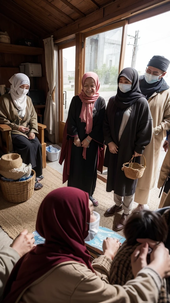  At the bottom of the picture, there is another scene showing individuals or groups of people giving zakat or alms to people in need. They with kindness and compassion provide assistance to the poor or orphans. Their facial expressions show a sense of happiness and satisfaction in helping others. The background can be an urban or rural environment which strengthens the impression of social goodness and concern for God's rights and human rights. Warm natural lighting or soft light adds a touch of spirituality and warmth to the photo.