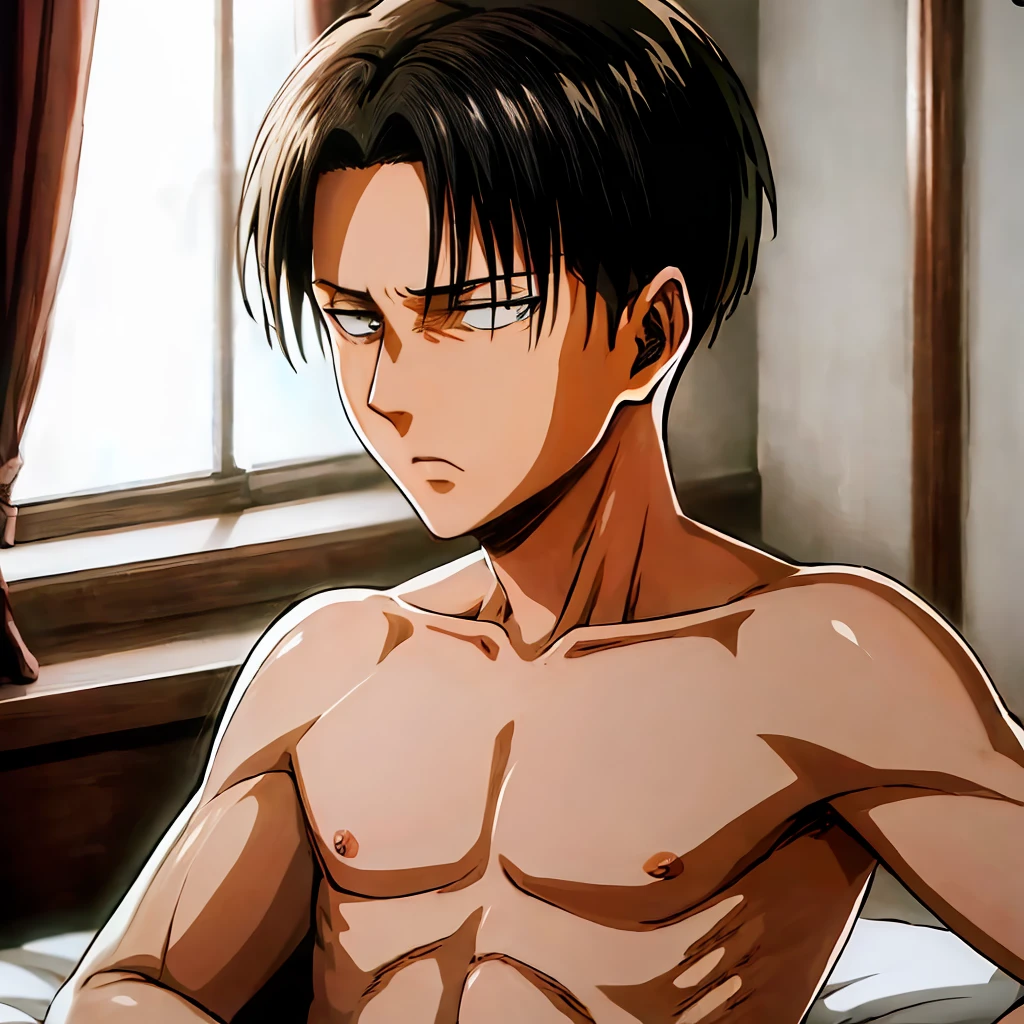 Levi Ackerman sitting on his bed, serious look, naked, on-air member, fully erect, wet penis, muscular, short hair on the sides, long hair up, black hair, black eyes, perfect light, focus on his penis, perfect penis, depilated, perverted look, dominant look