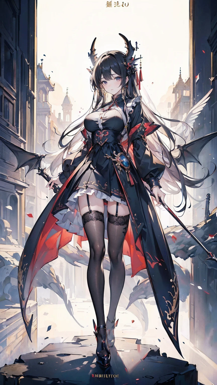 (masterpiece, top quality, best quality, official art, beautiful and aesthetic:1.3), (8k, best quality, masterpiece:1.2),(full body:1.3) (large breasts:1.2), long hair, black thighhighs, high heel, (microskirt:1.1), garter belt, dragon's horn,dragon's wing,