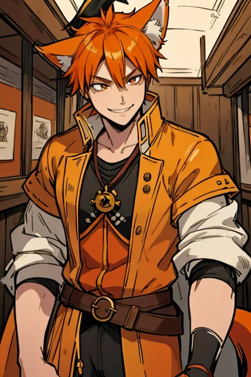 An orange haired fox man with orange eyes and orange fox ears and an orange fox tail in a pirate's outfit is  counting gold in his captain cabin's on a pirate ship with a smile