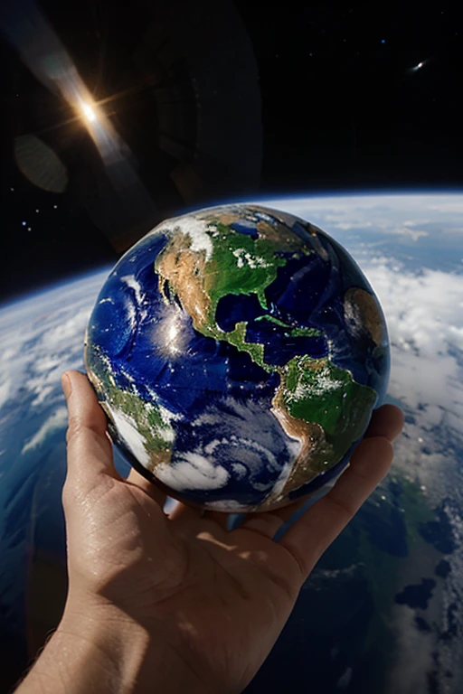 hand holding marble-size earth in space full of star