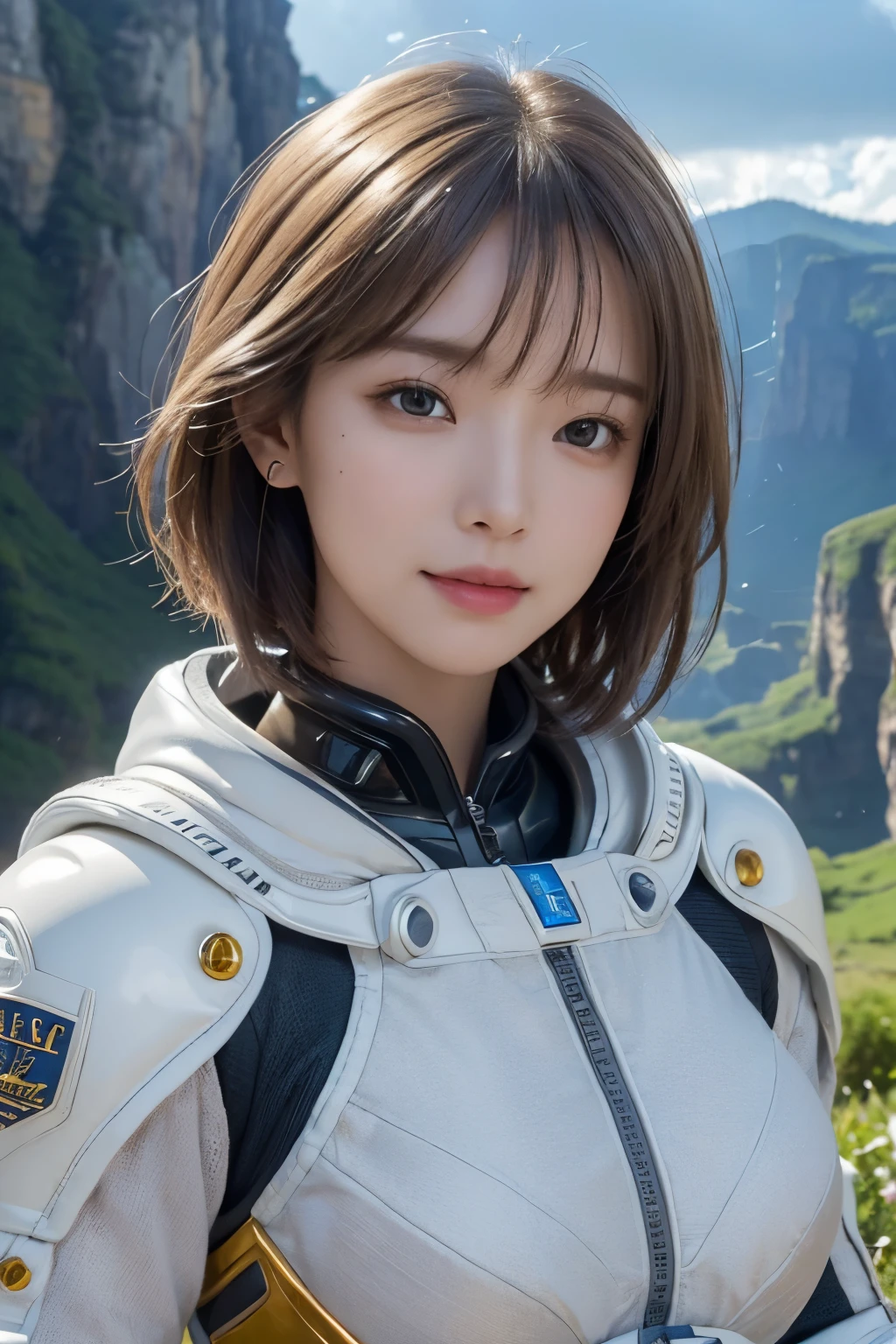 Ultra-high resolution、(Genuine:1.4)、One beautiful woman、Beautifully detailed eyes and skin、Light brown short hair、A small smile、Small Bust、An elaborately decorated and smart space suit、Impressive pose、Remains of a huge structure、valley、cliff、cloudy、evening、light rain、