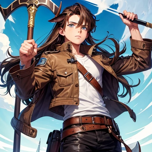 A boy with long brown hair and blue eyes holding a battle axe Cow horn Cow earless Wearing a jacket