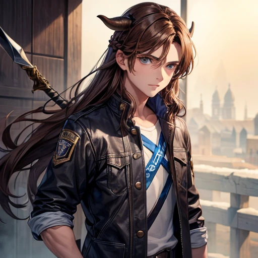 A boy with long brown hair and blue eyes holding a battle axe　　Cow horn　Cow earless　　Wearing a jacket　