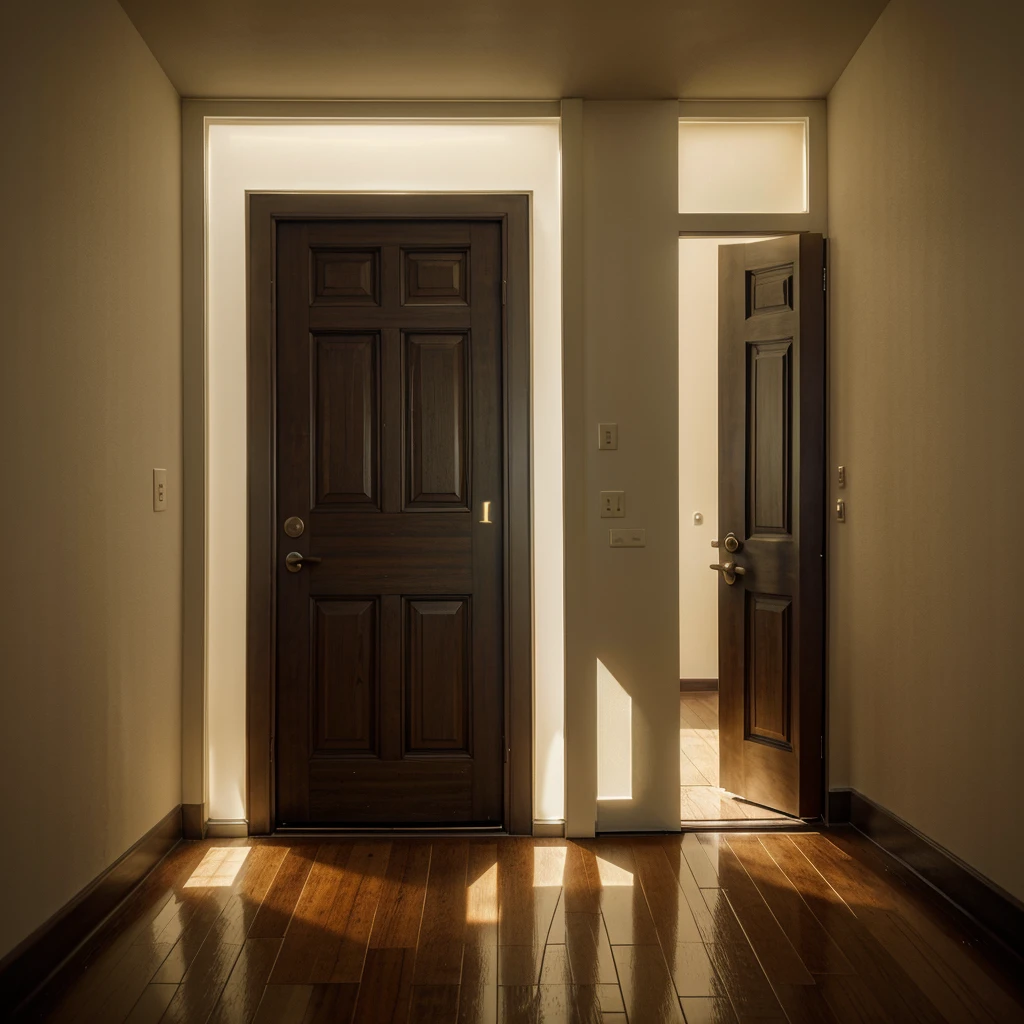 a detailed image of two doors, the door on the right appears behind it a place full of fire, torment, and terror, while the door on the left appears heaven, a place full of divine light, glory, and peace, 8k, photorealistic, physically-based rendering, masterpiece, realistic, hyper detailed, cinematic lighting, dramatic atmosphere, intricate details, vivid colors, fantasy, conceptual art