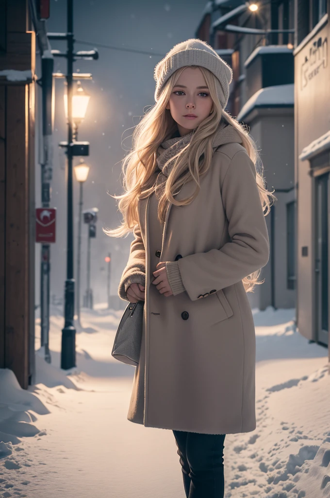 professional photography of a beautiful norwegian girl in winter clothes with long wavy blonde hair, sensual and seductive look, beautiful symmetrical face, beautiful natural makeup, wearing chic warm winter fashion clothing, ((standing outside on the snowy city street)), impressive modern urban environment, ultra realistic, conceptual artwork, chic, highy detailed, intricate, sharp focus, Depth of field, f/1. 8, 85 mm, medium shot, mid shot, (((professional color grading))), soft and bright diffused light, (Volumetric fog), Trends on Instagram, HD 4k, 8K