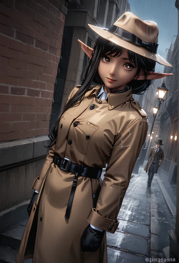 detailed illustration (side view),dynamic angle,ultra-detailed, illustration, pose for the camera, smiling at viewer, clean line art, shading, anime, 2020’s anime style, detailed eyes, detailed face, beautiful face standing on a sidewalk,

Noir Detective, trench coat, fedora hat, radio drama, pulp magazine character, long trench coat, hat, fedora hat, brown coat and matching hat, dark band on hat, 1940’s, ,Noir, beautiful woman, in a open trench coat, night, rain, brown shoulder length hair, brown eyes, hard boiled, female fatale vibes, noir, deep in thought, detective, plup magazine detective, noir vibe

Urban fantasy setting, dark elf, poited ears, elf, dark skin, tan skin,