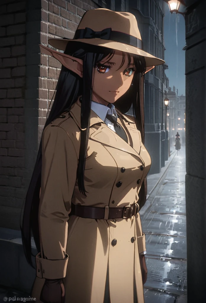 detailed illustration (side view),dynamic angle,ultra-detailed, illustration, pose for the camera, smiling at viewer, clean line art, shading, anime, 2020’s anime style, detailed eyes, detailed face, beautiful face standing on a sidewalk,

Noir Detective, trench coat, fedora hat, radio drama, pulp magazine character, long trench coat, hat, fedora hat, brown coat and matching hat, dark band on hat, 1940’s, ,Noir, beautiful woman, in a open trench coat, night, rain, brown shoulder length hair, brown eyes, hard boiled, female fatale vibes, noir, deep in thought, detective, plup magazine detective, noir vibe

Urban fantasy setting, dark elf, poited ears, elf, dark skin, tan skin,