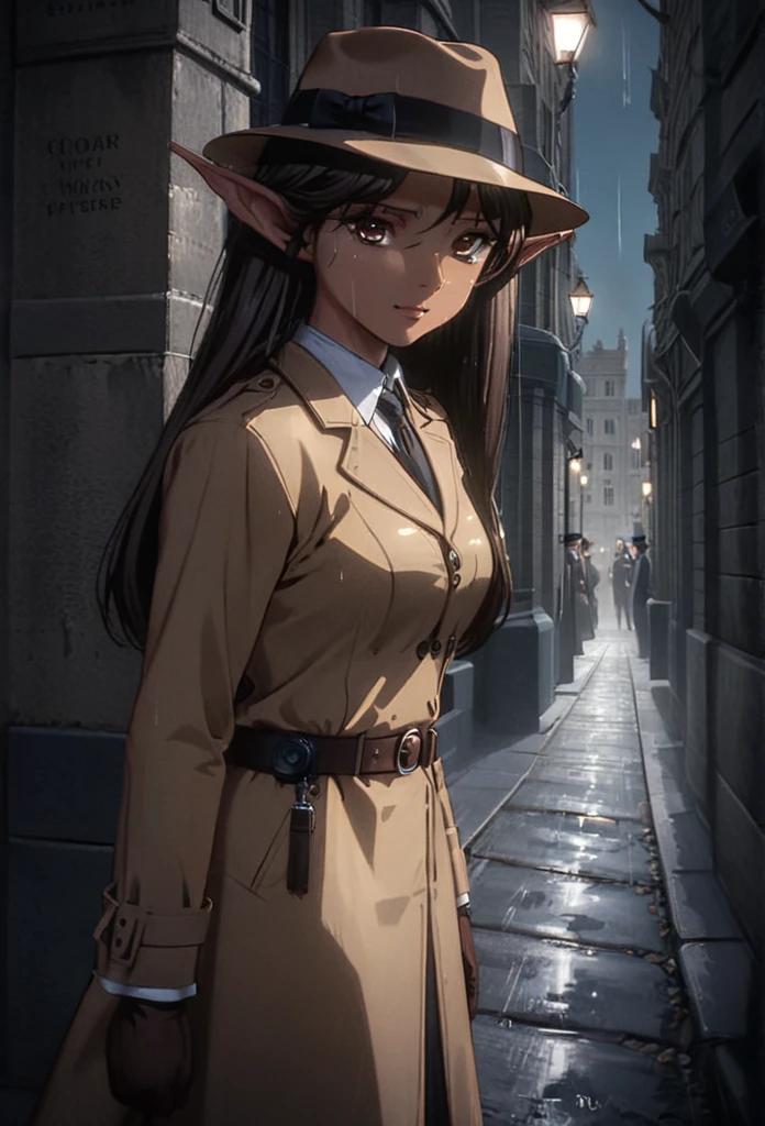 detailed illustration (side view),dynamic angle,ultra-detailed, illustration, pose for the camera, smiling at viewer, clean line art, shading, anime, 2020’s anime style, detailed eyes, detailed face, beautiful face standing on a sidewalk,

Noir Detective, trench coat, fedora hat, radio drama, pulp magazine character, long trench coat, hat, fedora hat, brown coat and matching hat, dark band on hat, 1940’s, ,Noir, beautiful woman, in a open trench coat, night, rain, brown shoulder length hair, brown eyes, hard boiled, female fatale vibes, noir, deep in thought, detective, plup magazine detective, noir vibe

Urban fantasy setting, dark elf, poited ears, elf, dark skin, tan skin,