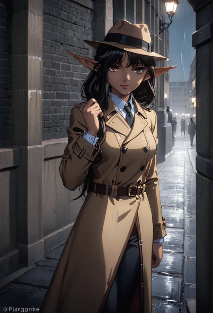 detailed illustration (side view),dynamic angle,ultra-detailed, illustration, pose for the camera, smiling at viewer, clean line art, shading, anime, 2020’s anime style, detailed eyes, detailed face, beautiful face standing on a sidewalk,

Noir Detective, trench coat, fedora hat, radio drama, pulp magazine character, long trench coat, hat, fedora hat, brown coat and matching hat, dark band on hat, 1940’s, ,Noir, beautiful woman, in a open trench coat, night, rain, brown shoulder length hair, brown eyes, hard boiled, female fatale vibes, noir, deep in thought, detective, plup magazine detective, noir vibe

Urban fantasy setting, dark elf, poited ears, elf, dark skin, tan skin,