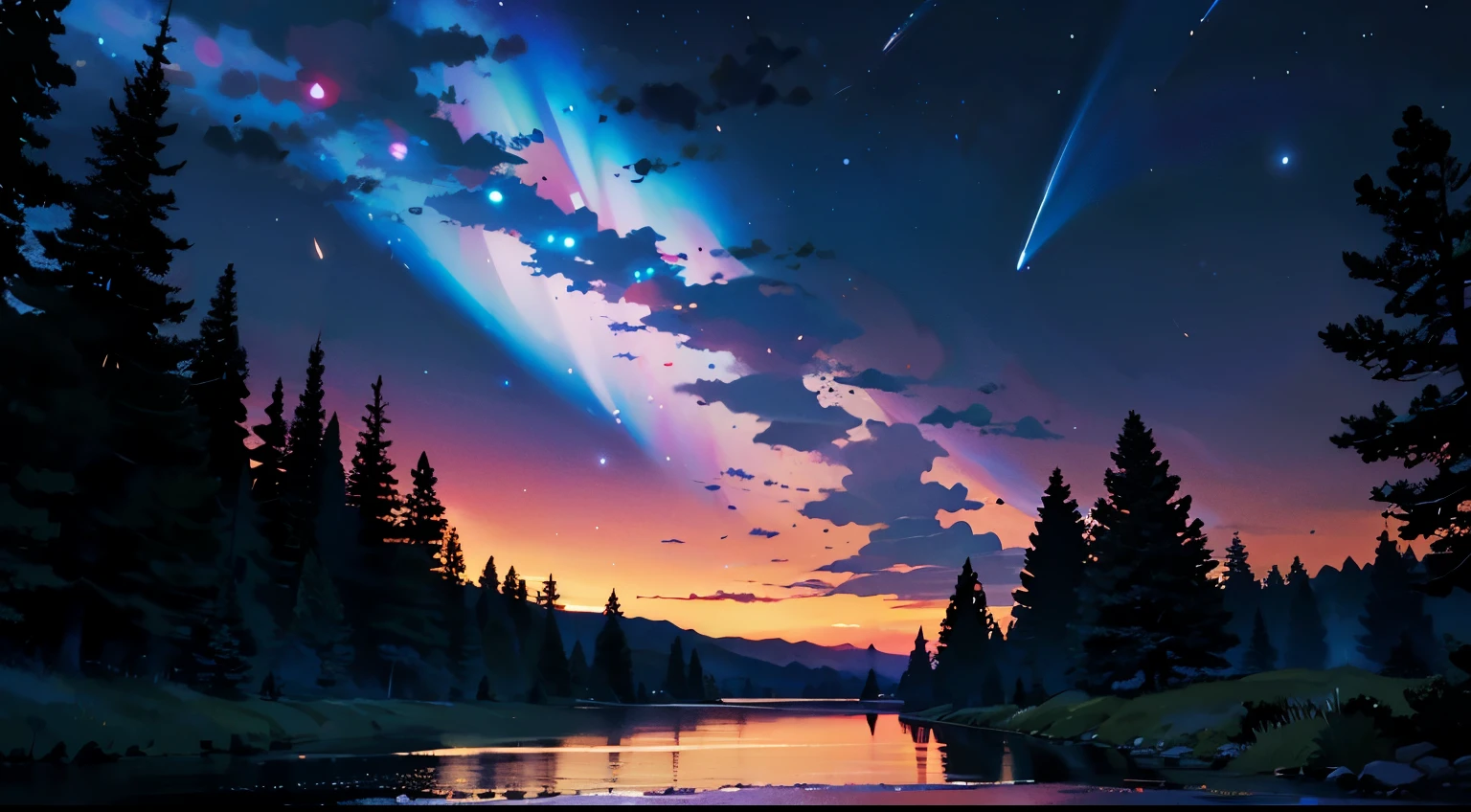 (masterpiece),(highest quality)、Starry Sky、In the forest with fireflies dancing near a stream、4K、8K