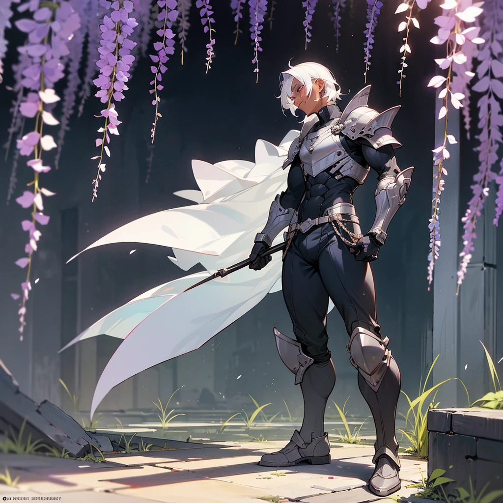 1male, young adult, dark skin, finely detailed plum eyes, wild medium hair, seashell white hair color, full body combat suit, shoulder armor pieces, combat boots, baggy miltarty combat pants, standing on ruined building, day time, tokyo streets, somber expression, muscular, tattoos, wisteria flowers, scars