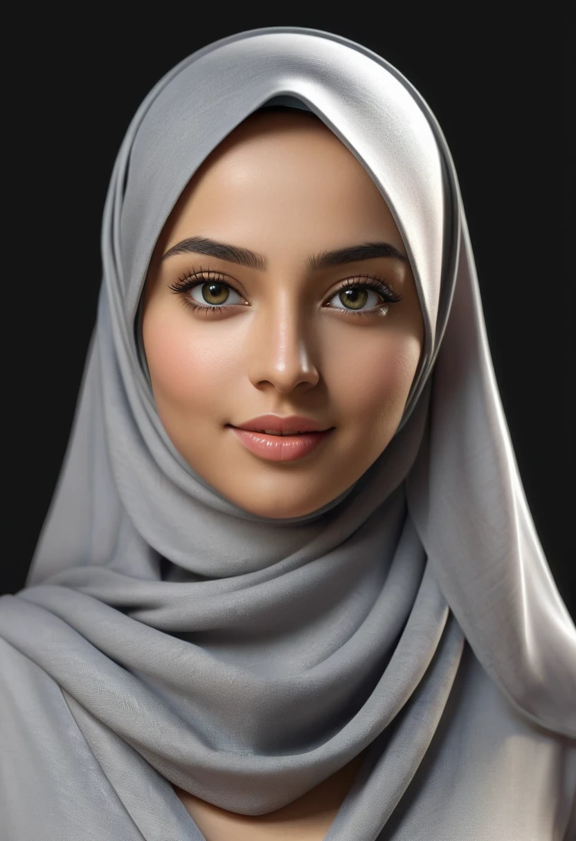 8k, hyper resolution, extremely detailed, A highly detailed, full-body 3D rendering of a realistic woman wearing a hijab with accurate face. She is nude and standing confidently showing sexy body, black background, drawing attention to its cheerful and elegant appearance. Her skin is smooth, naturally glowing and healthy, and her eyes are bright and expressive. The overall style is a mix of realism and a hint of cartoon features, giving it a lively look. use soft photography lighting.