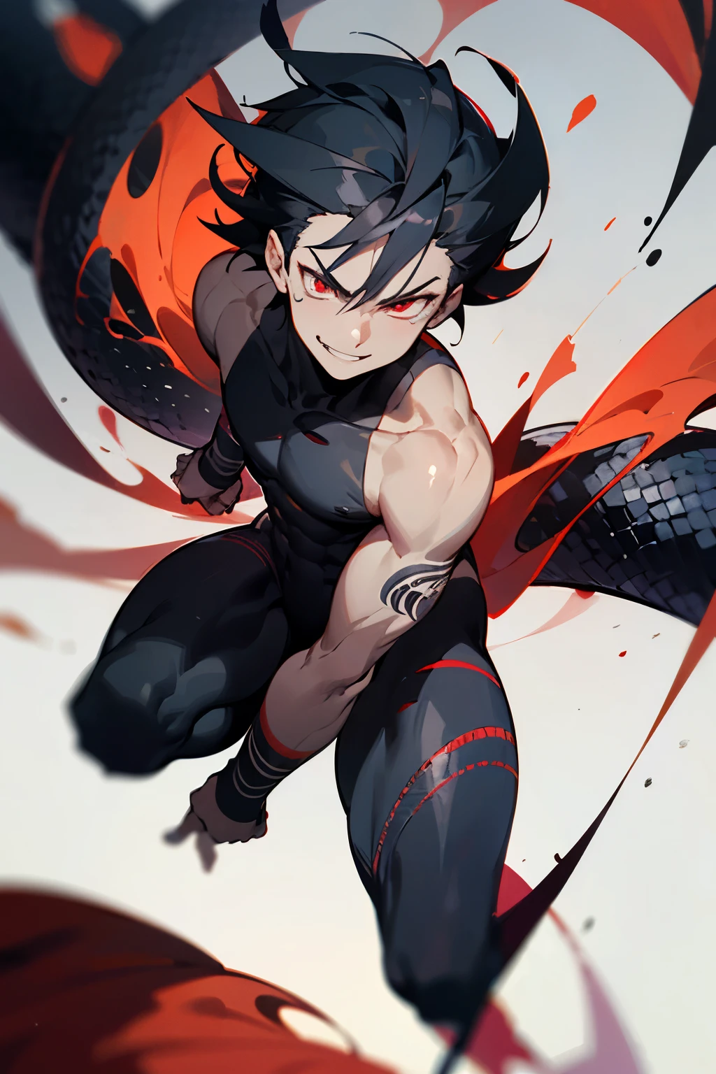 ((best quality)), ((masterpiece)), (detailed), male, sharp, angular features, dark complexion, teenager, toned body, crimson eyes, wild jet-black hair, evil smirk, dark swirling tattoos of void energy snake across his body