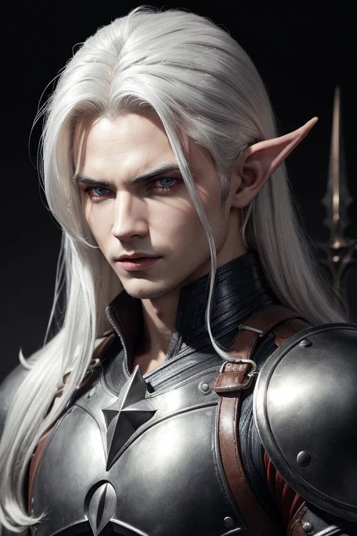 ((best qualityer)), ((work of art)), (detailded), Dark Elf Man With Pointed Ears, Ashy Skin, Red eyes, white  hair, leather armour, Dark Place 