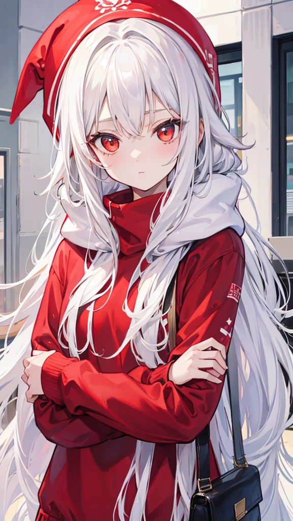 Girl with long white hair wearing a red beanie and a white sweatshirt