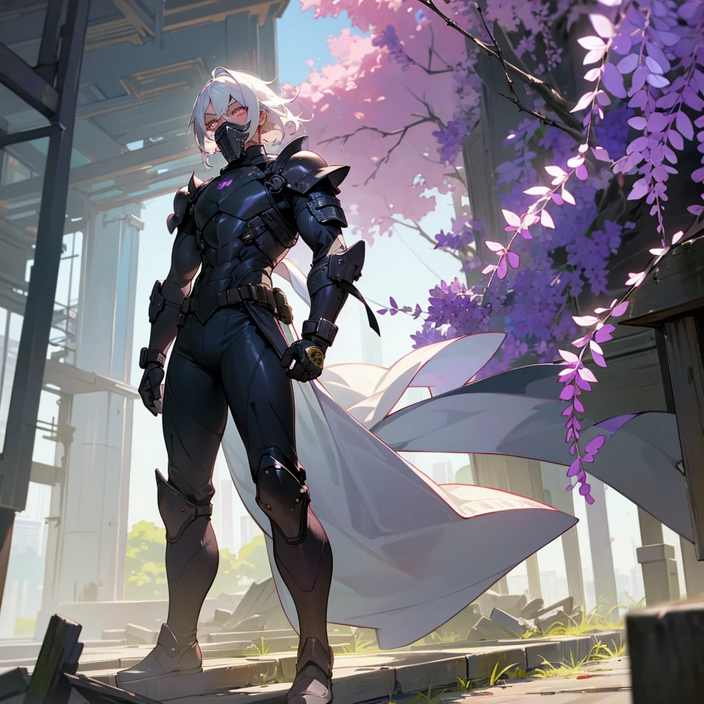 1male,  adult, dark skin, finely detailed plum eyes, wild medium hair, seashell white hair color, full body combat suit, shoulder armor pieces, combat boots, baggy miltarty combat pants, standing on ruined building, day time, tokyo streets, somber expression, muscular, tattoos, wisteria flowers, scars, gasmask