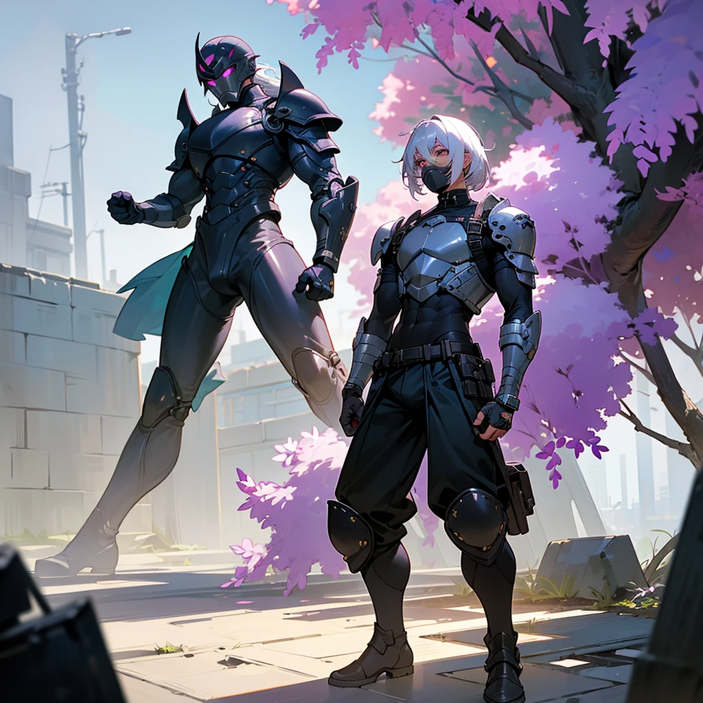 1male, young adult, dark skin, finely detailed plum eyes, wild medium hair, seashell white hair color, full body combat suit, shoulder armor pieces, combat boots, baggy miltarty combat pants, standing on ruined building, day time, tokyo streets, somber expression, muscular, tattoos, wisteria flowers, scars, gasmask