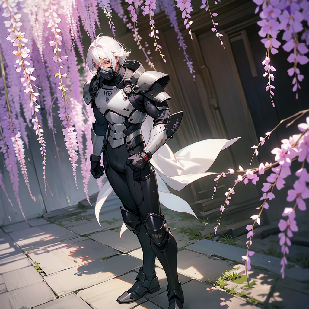 1male, young adult, dark skin, finely detailed plum eyes, wild medium hair, seashell white hair color, full body combat suit, shoulder armor pieces, combat boots, baggy miltarty combat pants, standing on ruined building, day time, tokyo streets, somber expression, muscular, tattoos, wisteria flowers, scars, gasmask