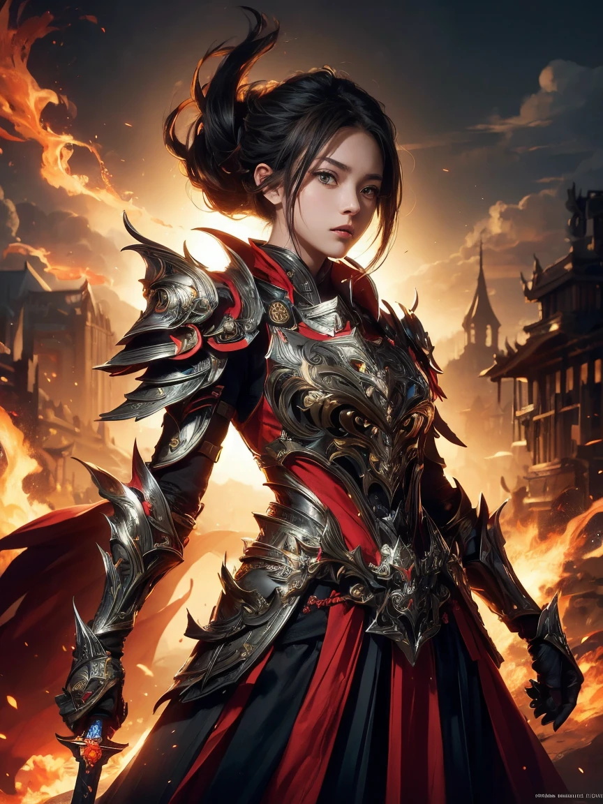 ((Low angle view)), ((Detailed background)), ((Battlefield, group of armies)), (masterpiece, top quality, best quality, official art, beautiful and aesthetic:1.2), (1girl),craft a Hyper-realistic portrayal of a futuristic (1girl1.2), beautiful character donned in intricate armor surrounded by captivating flames, an epic long (sword:1.2), Dynamic pose, Random pose, Dynamic angle, battle stance, Meticulous details capture the intense fusion of tradition and innovation in this visually stunning composition. Trending on Artstation. Perfect lighting,,