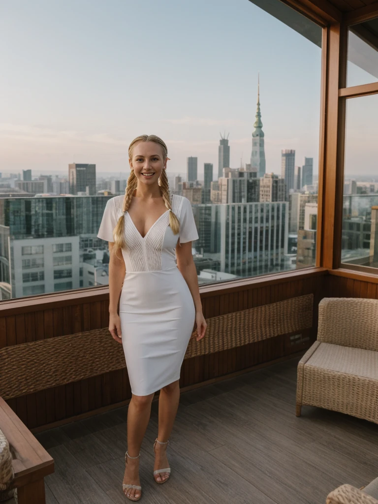 solo, realistic, photorealistic, natural lighting, (large forehead, (((Latvian woman))), (((Latvian nose))), (((Latvian eyes))), (((blonde))), (((braids))), (((Latvian face))), (((Latvian lips))), (((Latvian body))), (((fair complexion))) pose: standing, smiling, wearing Ruched Bodycon Dress, cleavage, , background: Perched atop a skyscraper, this rooftop bar offers breathtaking views of the city skyline. Guests relax in lounge seating under string lights, sipping on artisanal cocktails and enjoying a menu of small bites. The atmosphere is sophisticated with a touch of urban charm.