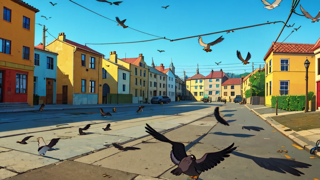 sunny day, birds, pigeons, floor, periphery, shanty town, houses, poles and wires  