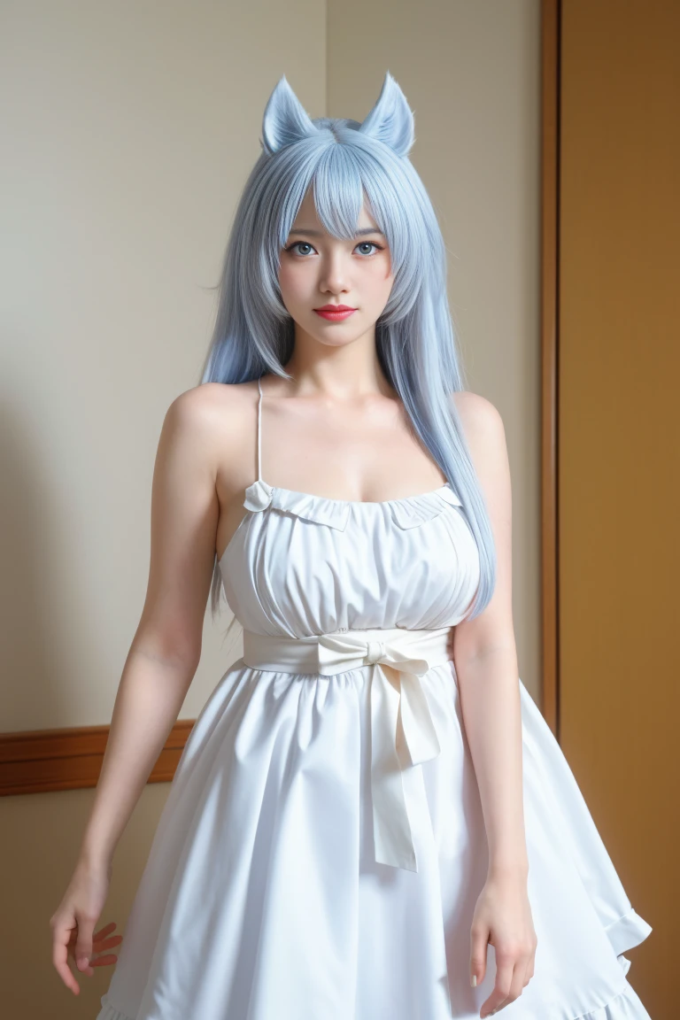 best quality, tmasterpiece,Ultra-high resolution,Clear face,(Reality:1.4),ferpect lighting,(upper body shot:1.5), (photorealistic:1.50), anime wallpaper, Guviz style artwork, cover-up fantasy up to magic , by Yang J, Guviz, beautiful artwork illustration, beautiful digital artwork, beautiful digital illustration, Li Song, beautiful anime portrait, art style in Beauvot,1girl, 独奏, white hair, long hair, animal ears, blue eyes, white clothes, bracelets, bare shoulders, plaid, gladiator sandals, standing, indoor, Curtain background,
