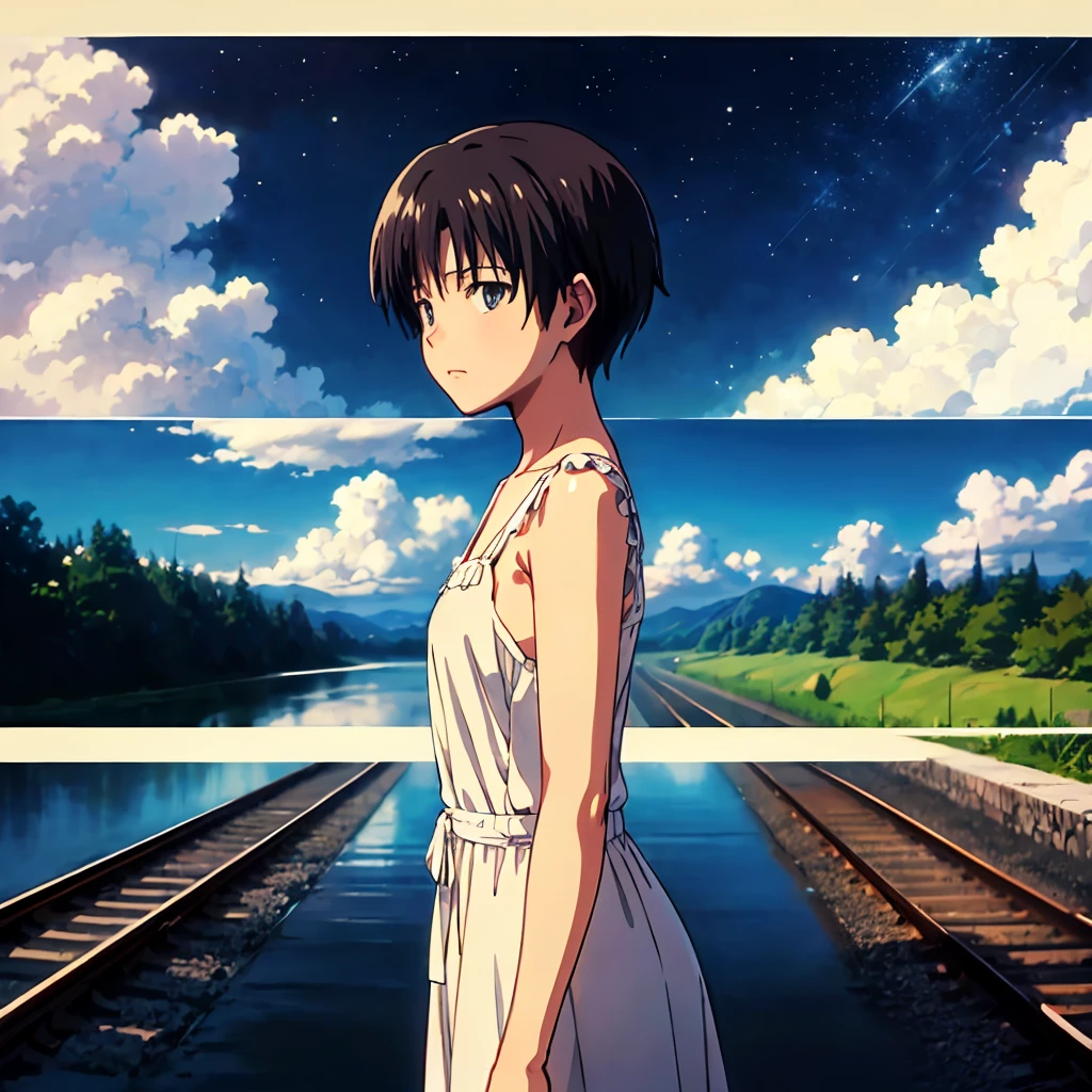 High-quality masterpieces., landscapes, clouds, anime train passing bodies of water on railway tracks in the distance, bright starry sky. traveler, romantic lights, pixiv, conceptual art, lofi art style, reflection. Makoto Shinkai, arte rophy, beautiful anime scenes, animated landscape, detailed landscape — width 672, The style of Makoto Shinkai, The style of Makoto Shinkai, improved details.  