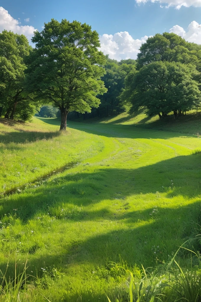 Grass and trees are blowing in the strong wind on the vast grassland。A meadow with a stream、Nobody is here、There is no one、Landscape painting、No person required、No building required、Only trees and grass are needed