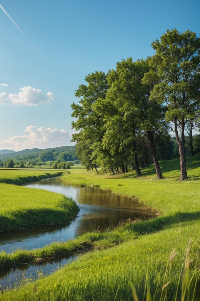Grass and trees are blowing in the strong wind on the vast grassland。A meadow with a stream、Nobody is here、There is no one、Landscape painting、No person required、No building required、Only trees and grass are needed