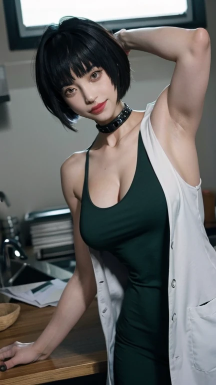 tae takemi, dark green tanktop, lab coat, colar neck, hanging breasts, bent over, slender breasts, bent forward, smile, big breasts, armpits visible