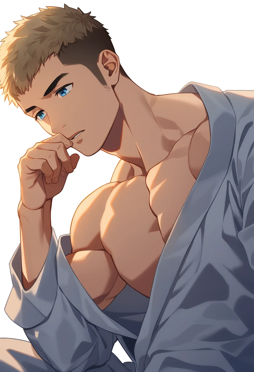 1boy, male focus, sitting on the bed, soft bed, sidepec, muscular male, muscular, bara, defined abs, upper body, solo, huddled pose, looking down, serious, very short hair, buzzcut, stubble, light brown hair, clear blue eyes, slepping, parted lips, big black open pajamas, distant and sad look, white background, simple background, best quality, amazing quality, best aesthetic, absurdres, year 2023