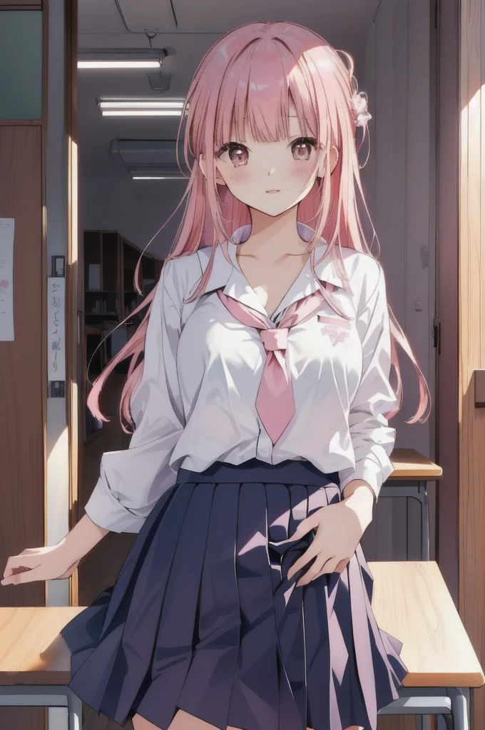 Pink Hair、Pink Hair、Pull up your skirt、high school girl、Japanese 、classroom、Pull up your skirt、Showing panties、黒いShowing panties、Blushing、Pink Hair