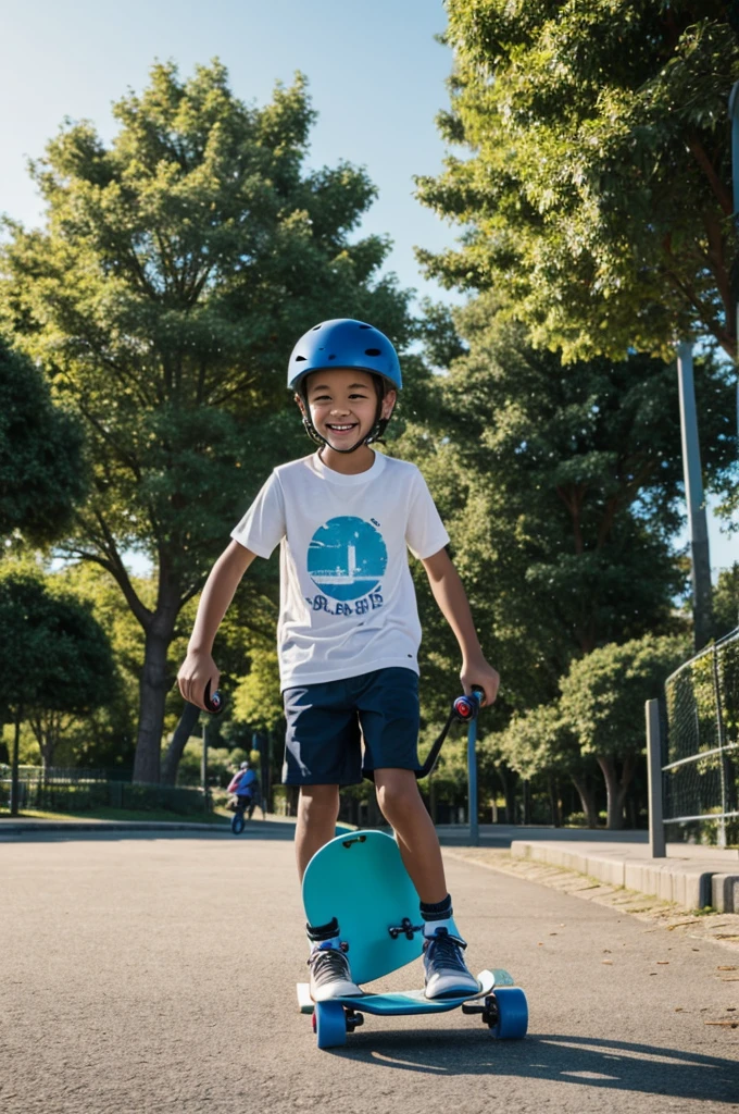 "Create a vibrant, high-resolution image of a young boy riding an electric skateboard in an urban park setting. The boy should be around 8-, wearing a helmet and casual clothes, with a joyful expression on his face. The skateboard is sleek and modern, with LED lights on the sides. The park should have green trees, pathways, and other children playing in the background, with a clear blue sky overhead."