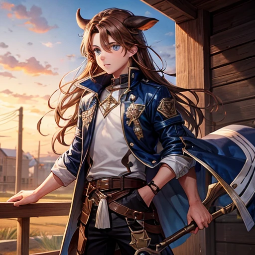 A boy with long brown hair and blue eyes holding a battle axe　　Cow horn　Cow earless　　Wearing a jacket　