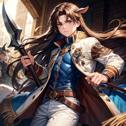 A boy with long brown hair and blue eyes holding a battle axe　　Cow horn　Cow earless　　Wearing a jacket　