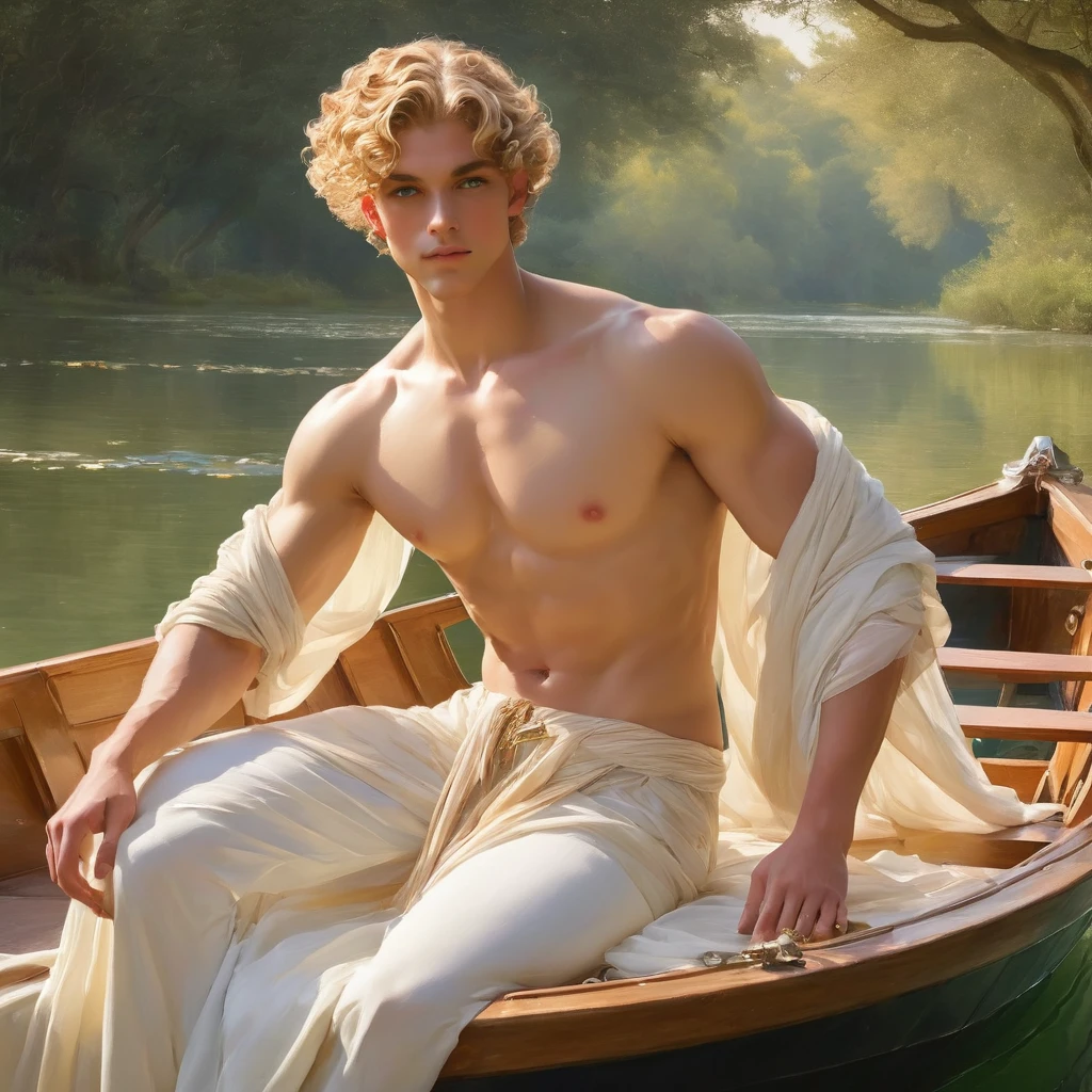 candid an full body photo of prince charming, 23 year old male supermodel, attractive and exotic, short curly blonde hair, a masculine appearance with slender smooth body, delicate and symmetrical face, natural olive skin tone, inspired by John William Waterhouse's The Lady of Shalott, pose in a graceful contrapposto stance, seated in a small boat, one hand trailing in the water, the other resting on his knee. he is wrapped in classical drapery sheer pastel color fabric, with flowing dramatically in the strong wind, some fabric to billow as if caught, The composition include mythological elements, such as a backdrop of a serene with a golden sunrise and nymphs to frame the scene. Illuminate the scene with soft diffused lighting to create a dreamlike, celestial atmosphere, capturing the delicate interplay of light and shadow on his face and body. ((full body shot)), wide-angle lens on a high-resolution DSLR camera to capture the grandeur and intricate details of the setting, while shooting from a dynamic angle to emphasize the model's majestic presence. The overall mood should blend the classical elegance of Botticelli's work with a modern, high-fashion aesthetic, producing an image that feels both timeless and contemporary, adding the Two Cherubs in the sense to balance and harmony the photo, evoke the soft ethereal quality of the Renaissance style, POV, raw photo, ((masterpiece)), ((best quality)), High Resolution, (ultra_realistic), (photorealistic), (NSFW), ((Pay attention to the layer and arrangement of body and surrounding)), ((Pay attention to the body composition)), ((Correct body structure)), ((Correct distance)), romantic atmosphere, lively extremely Gorgeous background,