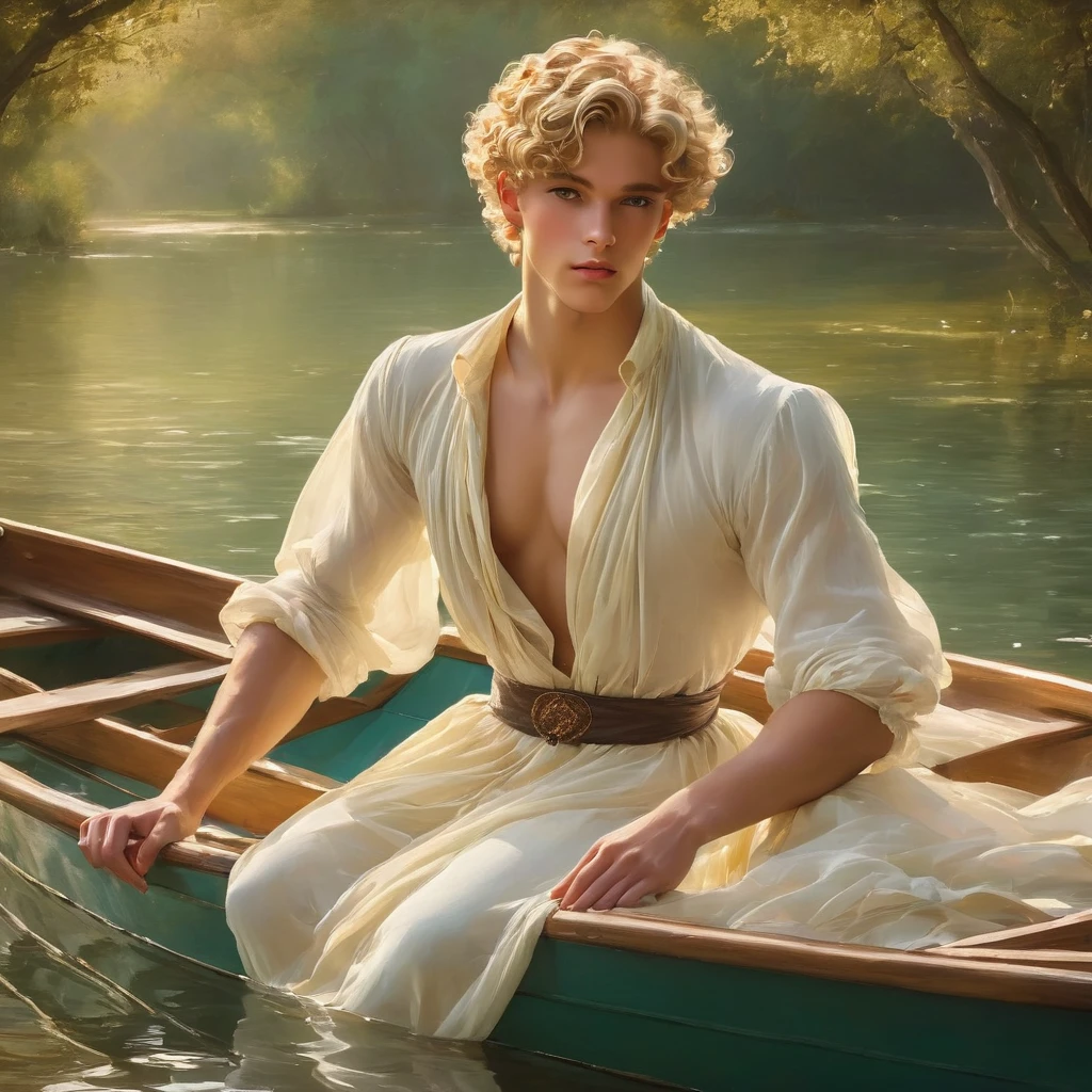candid an full body photo of prince charming, 23 year old male supermodel, attractive and exotic, short curly blonde hair, a masculine appearance with slender smooth body, delicate and symmetrical face, natural olive skin tone, inspired by John William Waterhouse's The Lady of Shalott, pose in a graceful contrapposto stance, seated in a small boat, one hand trailing in the water, the other resting on his knee. he is wrapped in classical drapery sheer pastel color fabric, with flowing dramatically in the strong wind, some fabric to billow as if caught, The composition include mythological elements, such as a backdrop of a serene with a golden sunrise and nymphs to frame the scene. Illuminate the scene with soft diffused lighting to create a dreamlike, celestial atmosphere, capturing the delicate interplay of light and shadow on his face and body. ((full body shot)), wide-angle lens on a high-resolution DSLR camera to capture the grandeur and intricate details of the setting, while shooting from a dynamic angle to emphasize the model's majestic presence. The overall mood should blend the classical elegance of Botticelli's work with a modern, high-fashion aesthetic, producing an image that feels both timeless and contemporary, adding the Two Cherubs in the sense to balance and harmony the photo, evoke the soft ethereal quality of the Renaissance style, POV, raw photo, ((masterpiece)), ((best quality)), High Resolution, (ultra_realistic), (photorealistic), (NSFW), ((Pay attention to the layer and arrangement of body and surrounding)), ((Pay attention to the body composition)), ((Correct body structure)), ((Correct distance)), romantic atmosphere, lively extremely Gorgeous background,