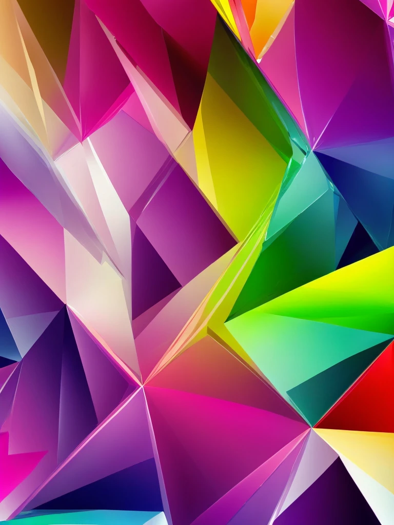 A pattern of triangles of different sizes and vibrant colors, arranged in a random but balanced arrangement. The triangles vary in color, including bright shades of red, blue, yellow, green, and purple, creating a dynamic and energetic mosaic. Some triangles overlap slightly, adding depth and complexity to the design. The background is white, which highlights the bright colors of the triangles even more. The composition, although random, maintains a sense of visual balance, drawing the eye in and keeping it moving through the pattern., UHD, retina, masterpiece, accurate, anatomically correct, textured skin, super detail, award winning, 8k
